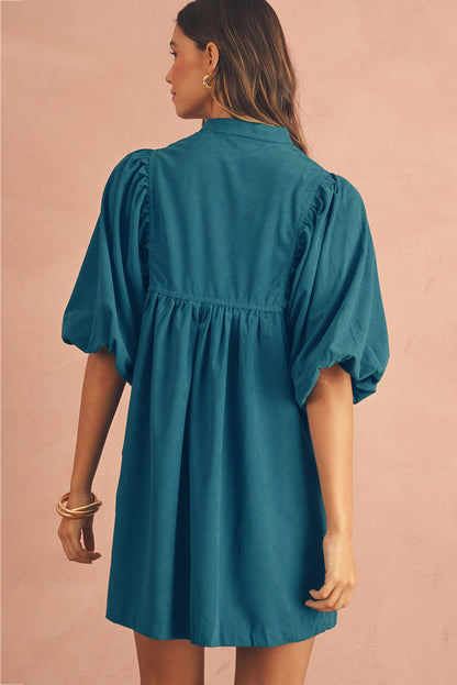 Snap Button Empire Waist Lantern Sleeve Corduroy Dress