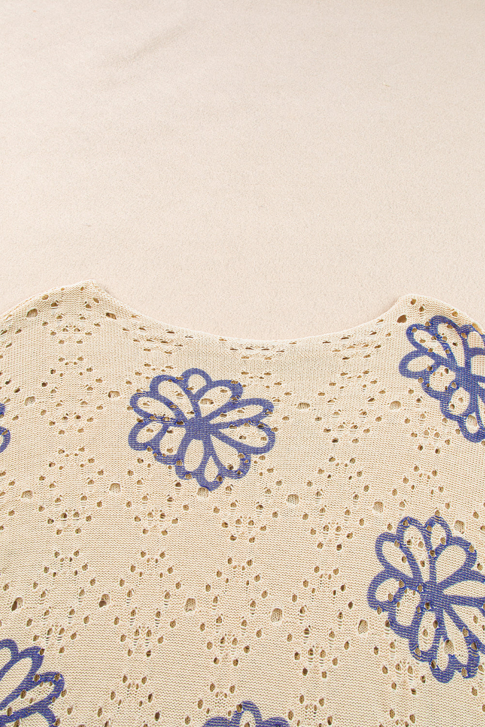 White Flower Print Drop Shoulder Hollow Knit Sweater