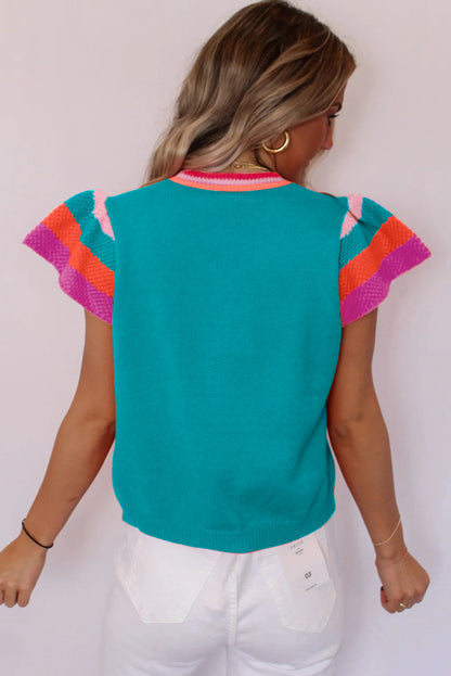 Turquoise Contrast Flutter Sleeves Knitted Sweater Shirt