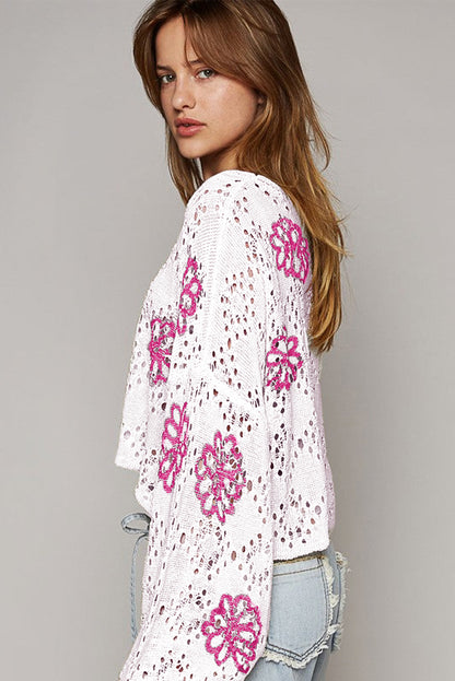 White Flower Print Drop Shoulder Hollow Knit Sweater