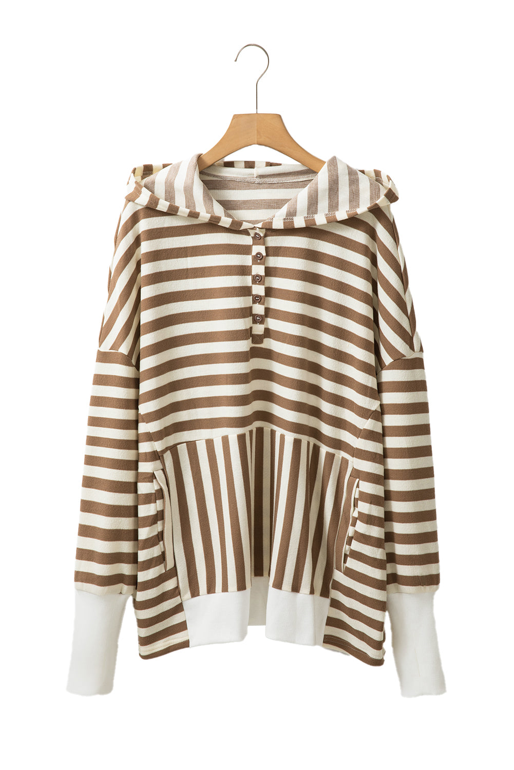 Plus Size Brown Stripe Drop Sleeve Henley Hoodie