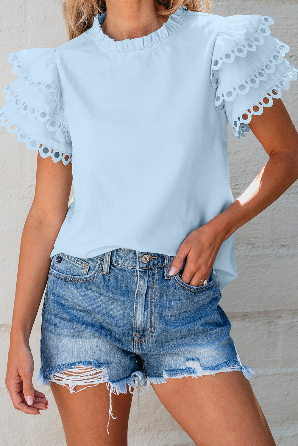 Light Blue Layered Ric Rac Cap Sleeve Blouse