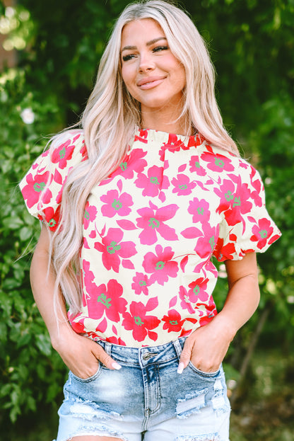 Green Floral Puff Sleeve Frilled Neckline Blouse