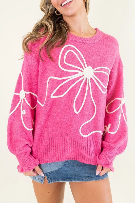 Bright Pink Sweet Bow Pattern Drop Sleeve Knit Sweater