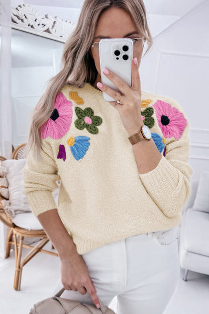 Knitted Flower Pattern Ribbed Edge Sweater