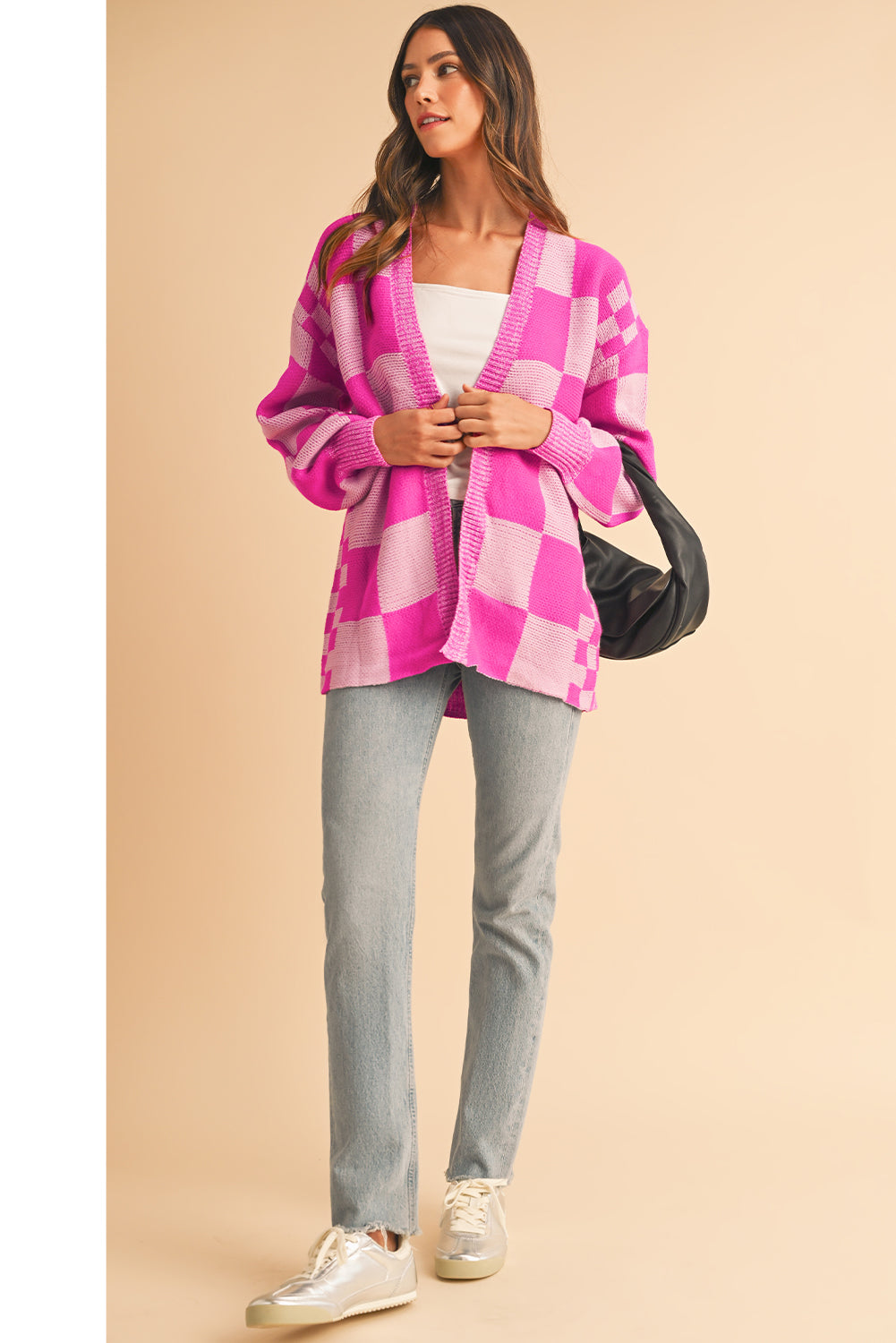 Rose Red Checkered Printed Ribbed Trim Open Front Cardigan