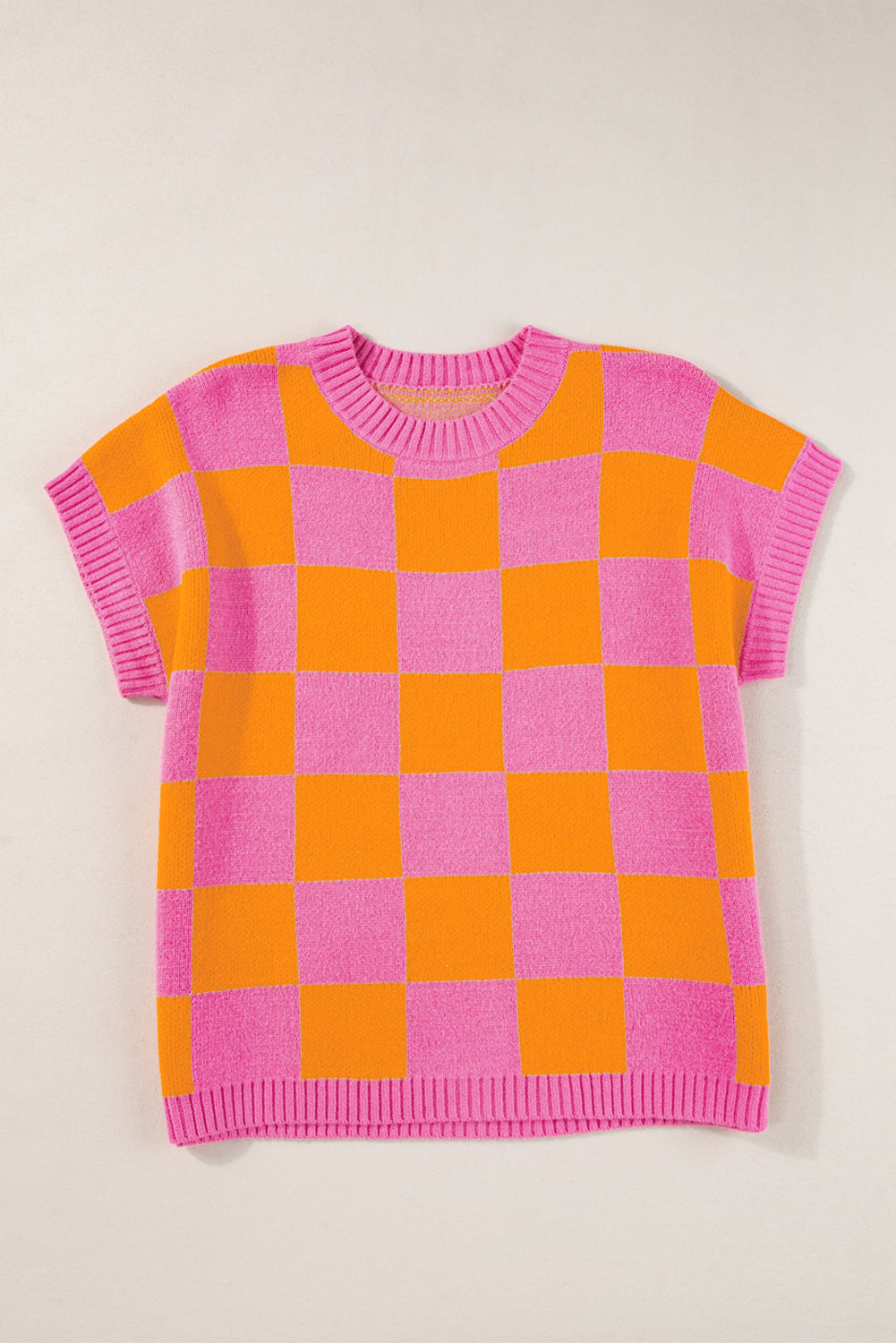 Strawberry Pink Colorblock Plaid Knit Dolman Top