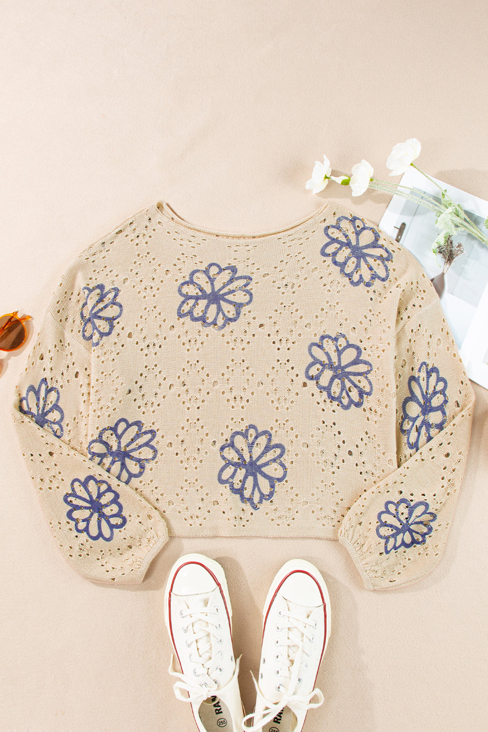 White Flower Print Drop Shoulder Hollow Knit Sweater