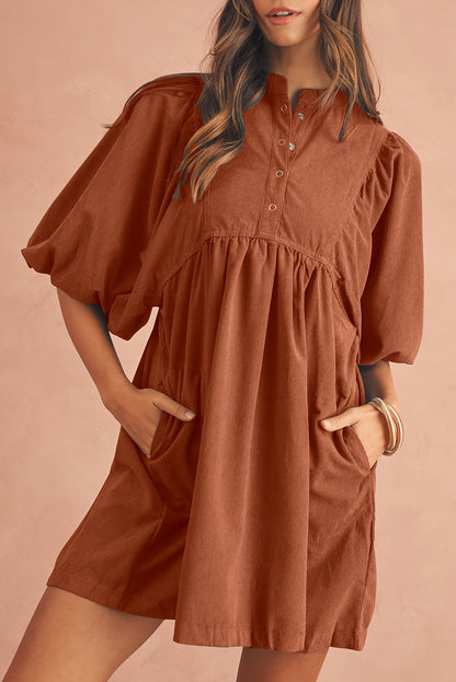 Snap Button Empire Waist Lantern Sleeve Corduroy Dress