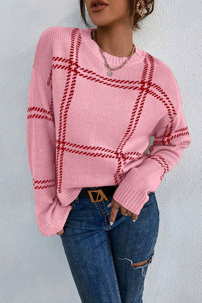 Plaid Pattern Knitted Drop Shoulder Sweater