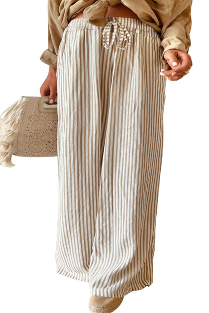 Plus Size Khaki Striped Drawstring Waist Wide Leg Pants