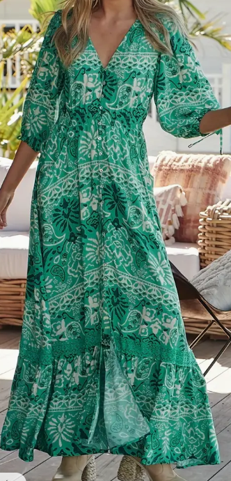 Plus Size Green Print Boho Maxi Dress