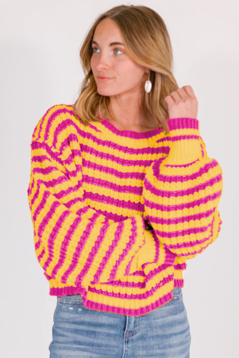 Orange Striped Bubble Sleeve Loose Sweater