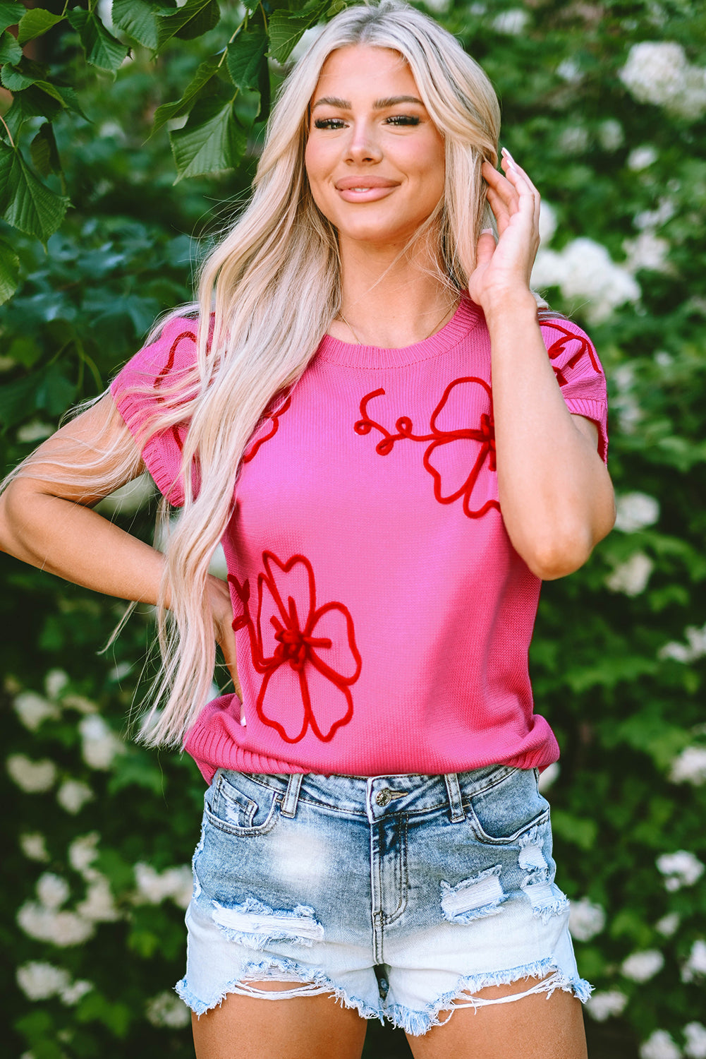 Bright Pink Flower Embroidery Short Sleeve Knitwear Top