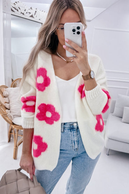 Rose Red Flower Pattern Open Front Cardigan