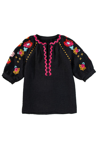 Floral Embroidered Ricrac Puff Sleeve Textured Blouse