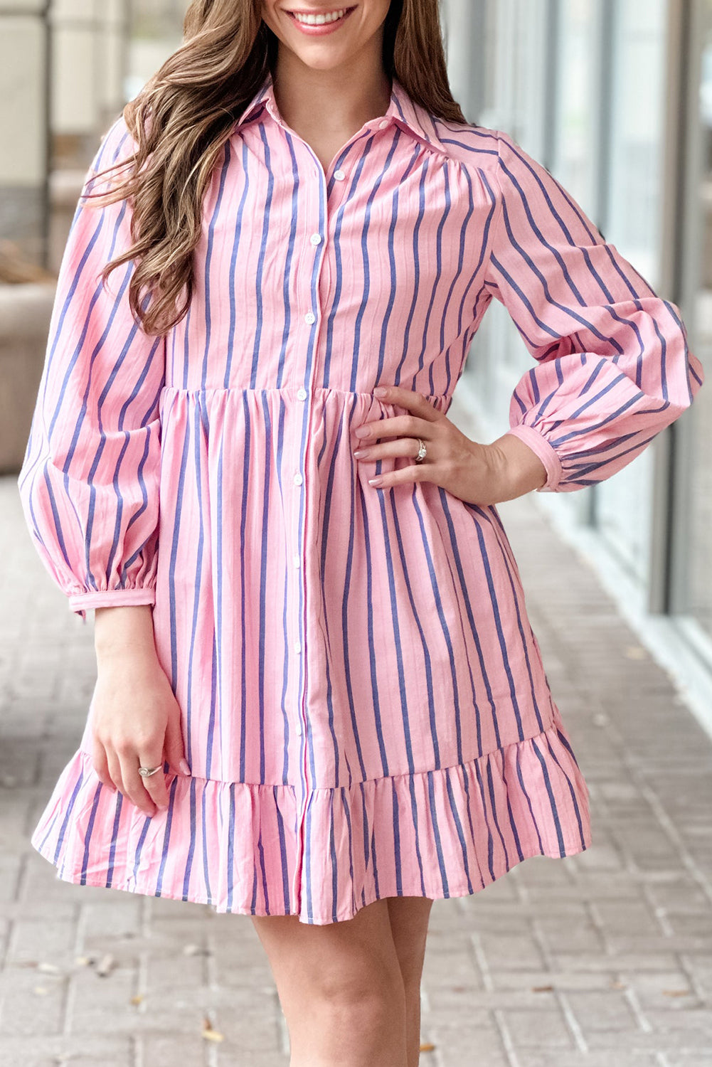 Pink Striped Button up Mini Shirt Dress