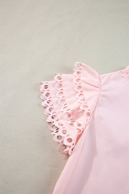 Light Pink Ric Rac Layered Cap Sleeve Frill Neck Blouse