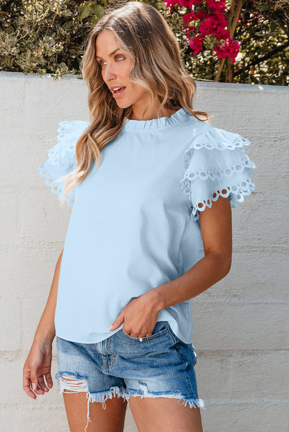 Light Blue Layered Ric Rac Cap Sleeve Blouse