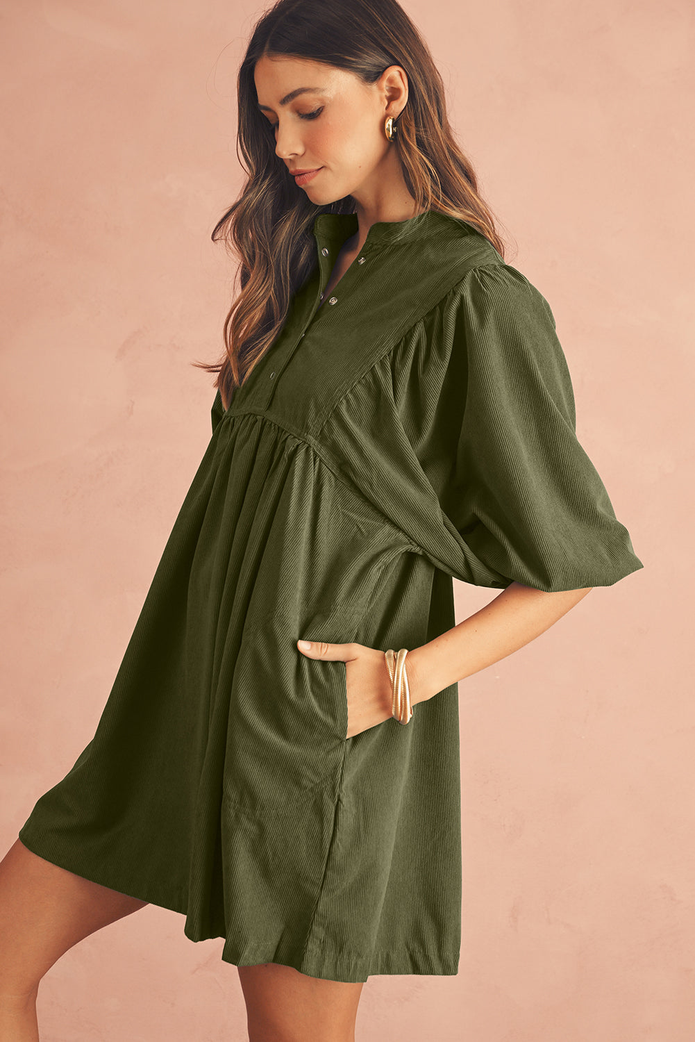 Snap Button Empire Waist Lantern Sleeve Corduroy Dress