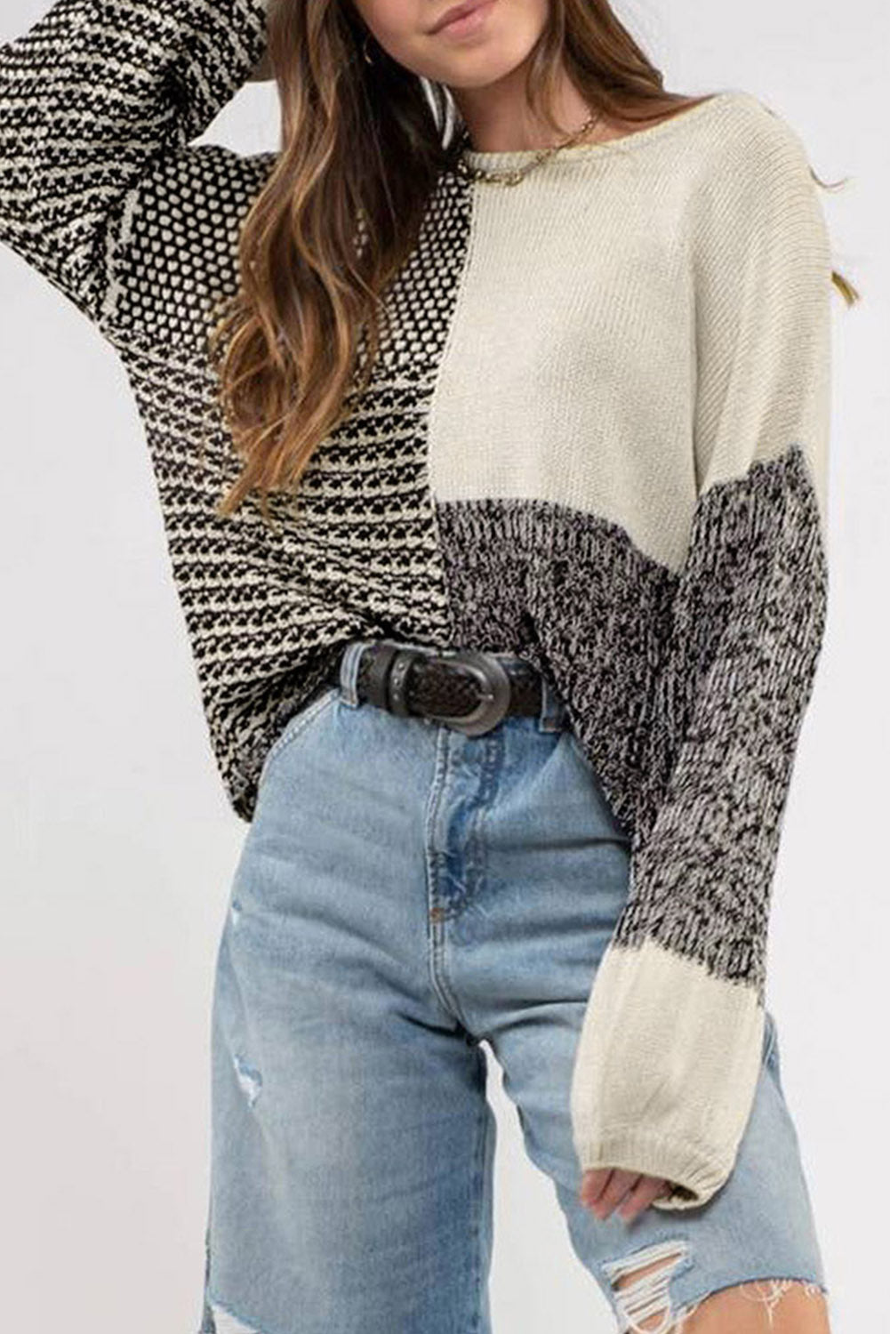 Colorblock Tie Back Drop Shoulder Knit Sweater