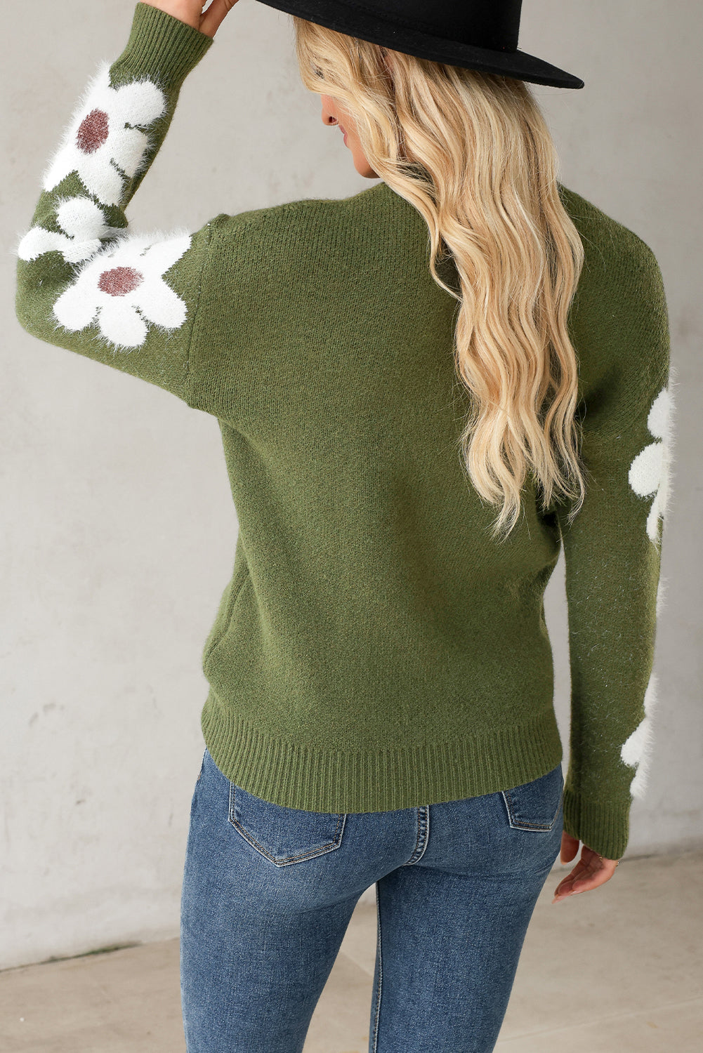 Light Grey Flower Sleeve Drop Shoulder Sweater