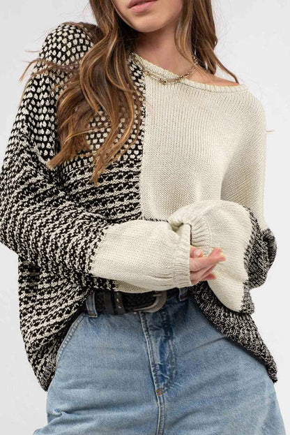 Colorblock Tie Back Drop Shoulder Knit Sweater