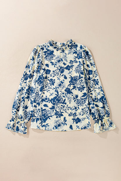 Rose Floral Print Flounce Sleeve Keyhole Back Blouse