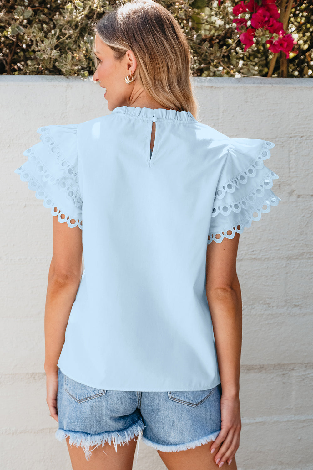 Light Blue Layered Ric Rac Cap Sleeve Blouse