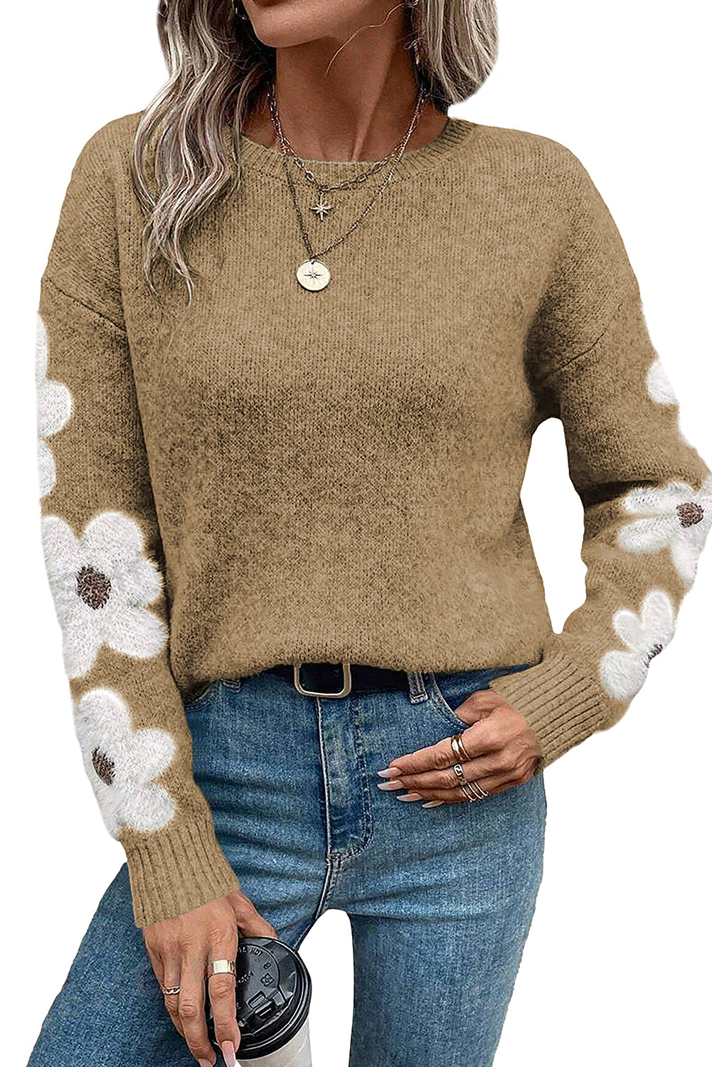 Light Grey Flower Sleeve Drop Shoulder Sweater