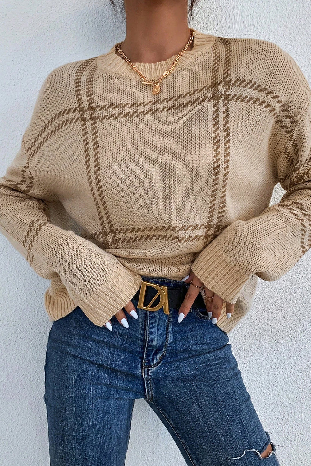 Plaid Pattern Knitted Drop Shoulder Sweater