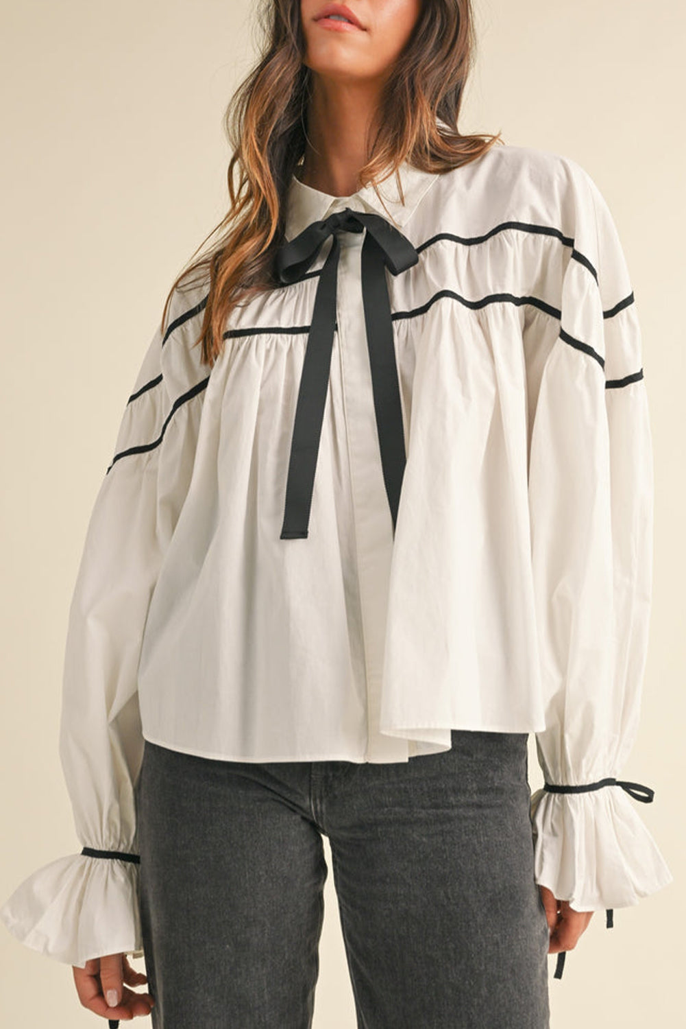 White Sweet Bow knot Button-up Long Sleeve Blouse