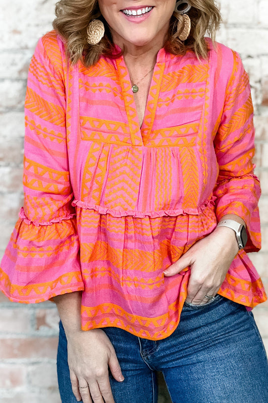 Plus Size Orange Geometric Bell Sleeve Top