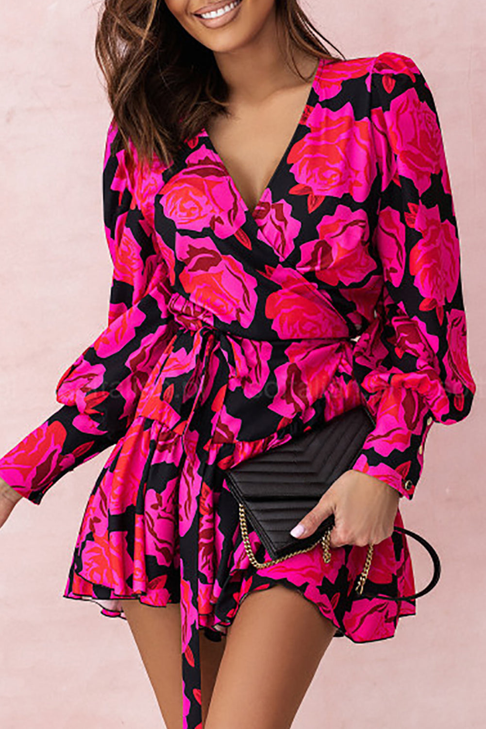 Rose Floral Print V Neck Ruffle Tiered Mini Dress