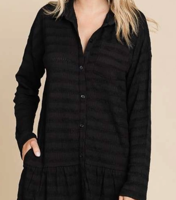 Black Tone on Tone Stripe Button Down Tunic Dress up to 3XL