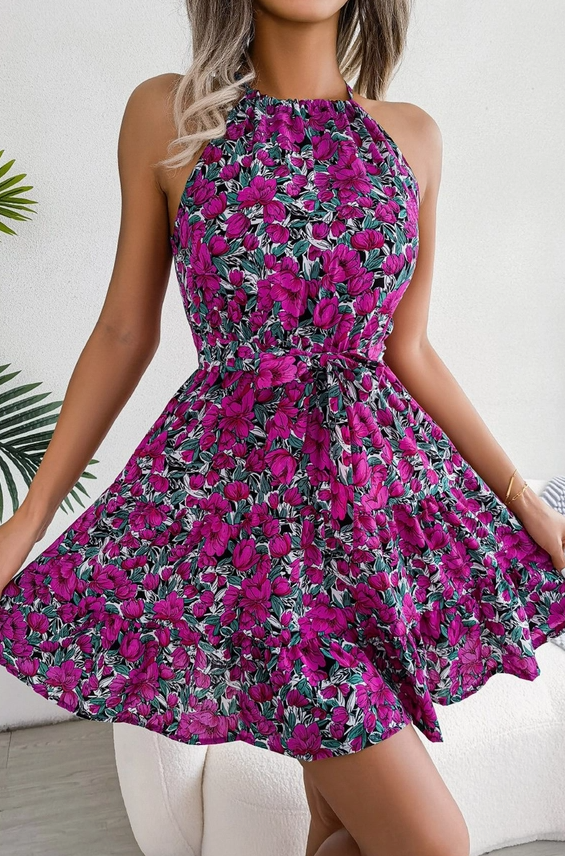 Purple Flouncy Floral Mini Dress with Tie Belt