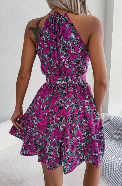 Purple Flouncy Floral Mini Dress with Tie Belt