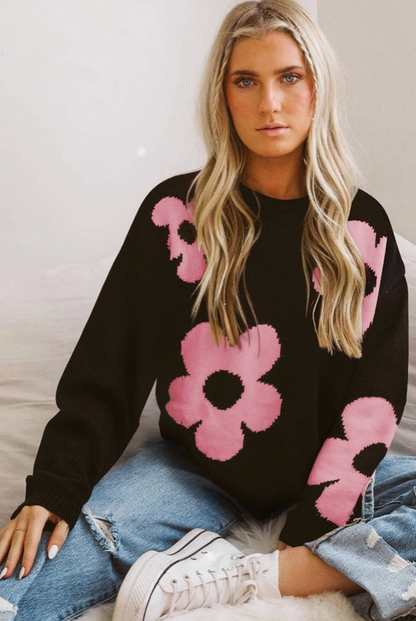 Black and Pink Flower Knit Sweater