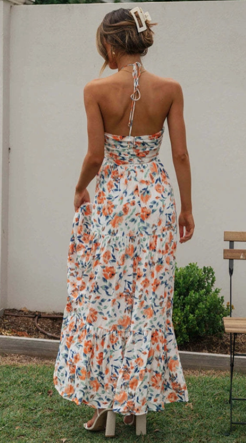 Plunge Halter Backless Floral Swing Maxi Dress