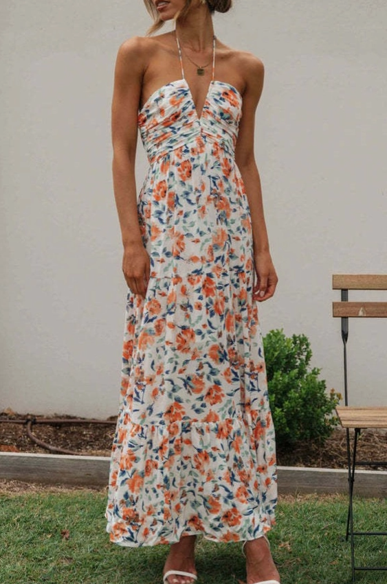 Plunge Halter Backless Floral Swing Maxi Dress