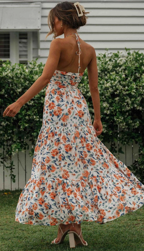 Plunge Halter Backless Floral Swing Maxi Dress