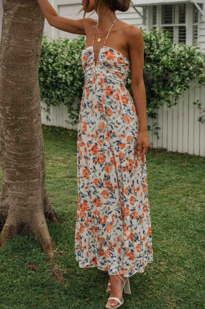 Plunge Halter Backless Floral Swing Maxi Dress