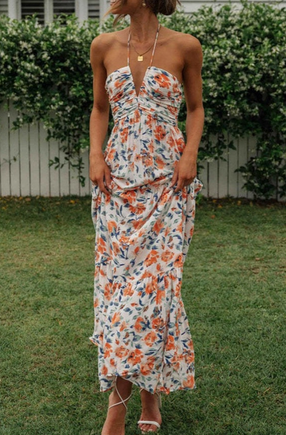 Plunge Halter Backless Floral Swing Maxi Dress