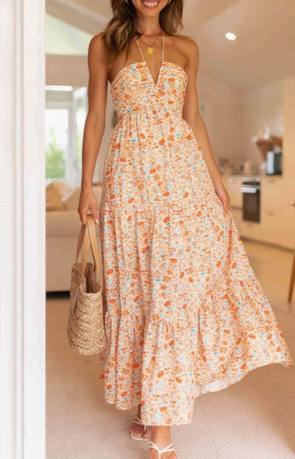 Floral Halter Ruched Maxi Dress