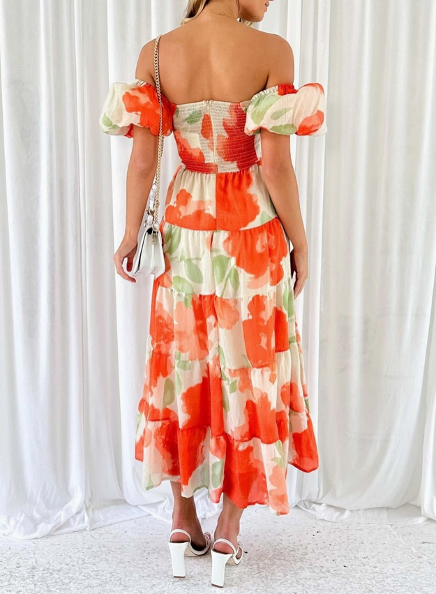 Puff Off the Shoulder Twist Floral Maxi Dress