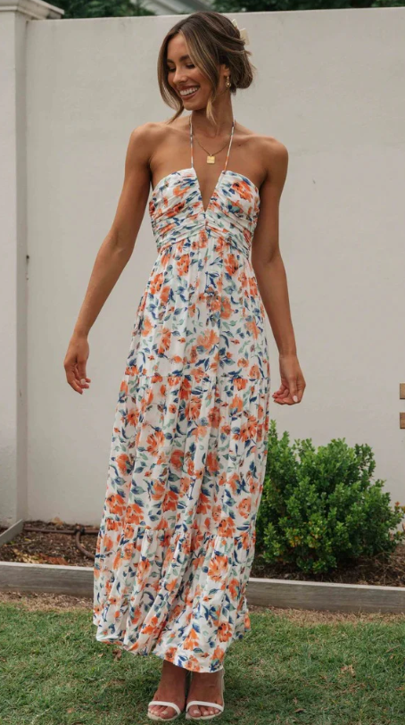 Plunge Halter Backless Floral Swing Maxi Dress