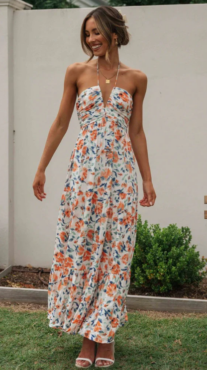 Plunge Halter Backless Floral Swing Maxi Dress