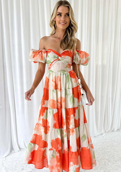 Puff Off the Shoulder Twist Floral Maxi Dress