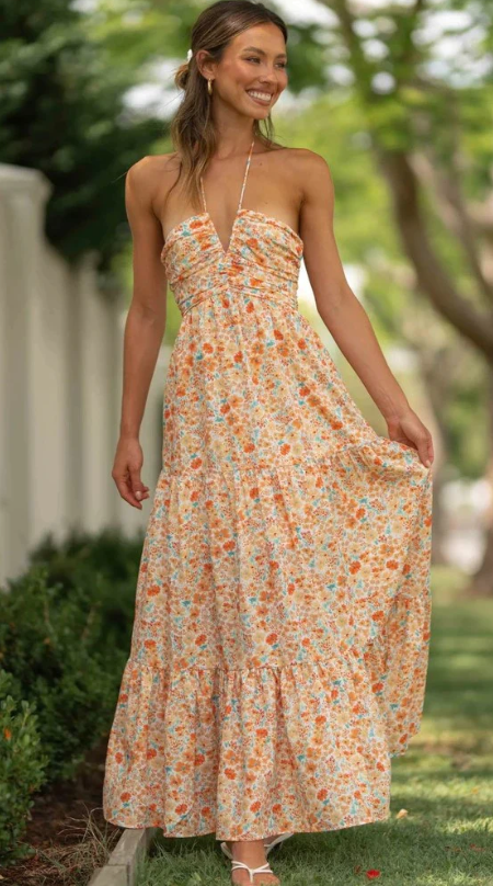 Floral Halter Ruched Maxi Dress