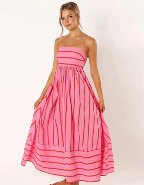 Pink Striped Slip Backless Dress